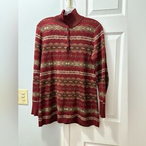 Peruvian Connection Cotton Henley Sweater Red Aztec Print Slightly Flawed